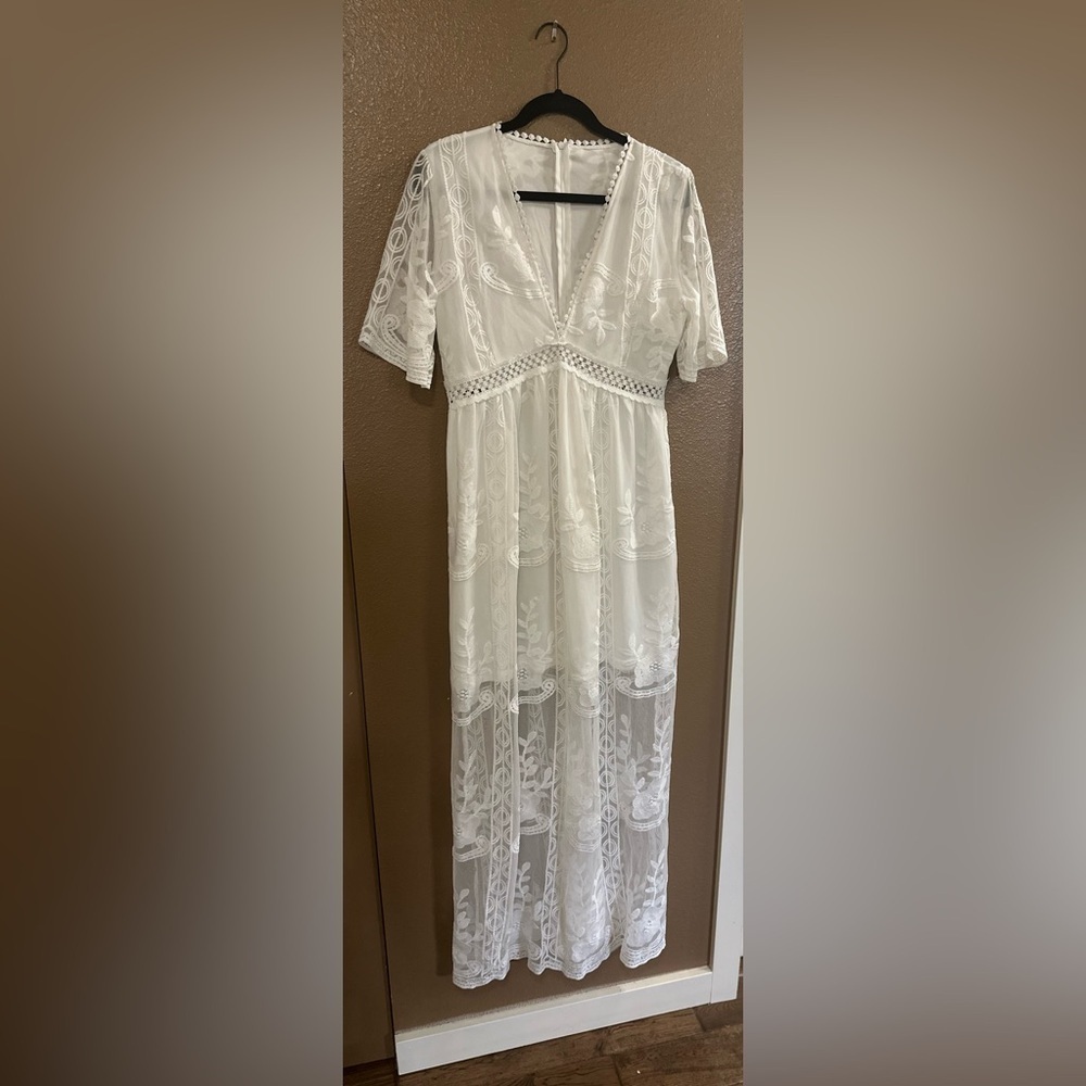 Ivory Floral Embroidered Lace Boho Maxi Dress Deep V-neck Fairycore Cottagcore. - Picture 3 of 14